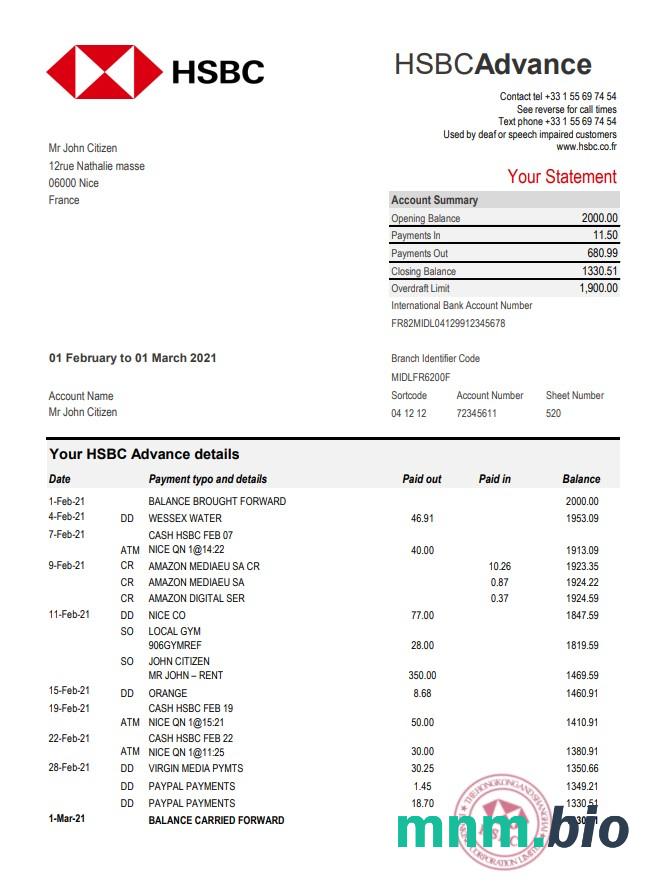 Francja HSBC szablon wyciągu bankowego w .xls i .format pliku pdf